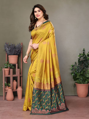 Rajwada Mustard Georgette Motif Print Saree For Women