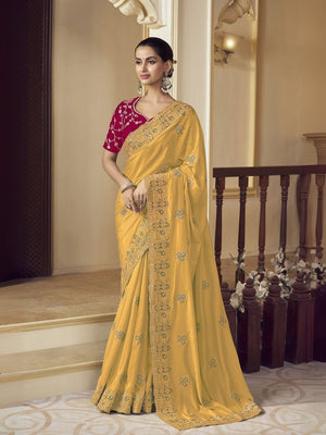 Rajwada Yellow Georgette Embroidered Elegant Saree For Women