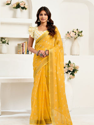 Rajwada Yellow Cotton Linen Zari Work Saree For Women