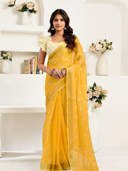 Rajwada Yellow Cotton Linen Zari Work Saree For Women