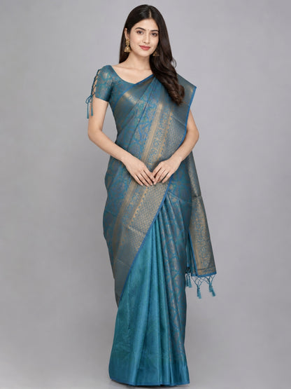 Teal Blue Silk Blend Solid Saree