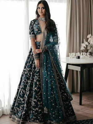 Rajwada Dark Green Velvet Embroidered Semi-Stitched lehenga For Women