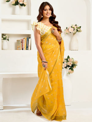 Rajwada Yellow Cotton Linen Zari Work Saree For Women