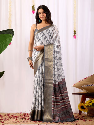 Rajwada Grey Silk Blend Printed Saree For Women