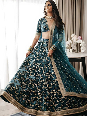 Rajwada Dark Green Velvet Embroidered Semi-Stitched lehenga For Women