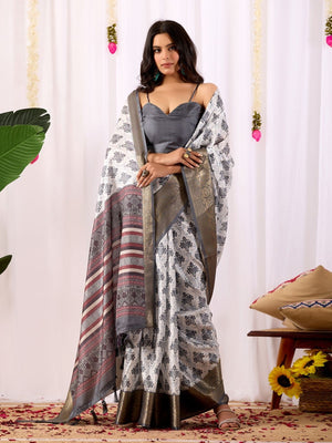 Rajwada Grey Silk Blend Printed Saree For Women