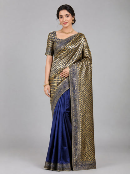 Dark Blue Banarasi Silk Solid Saree