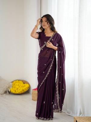 Rajwada Wine Georgette Embroidered Saree For Women