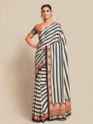 Rajwada Black & White Georgette Striped Saree With Unstitched Blouse For Women