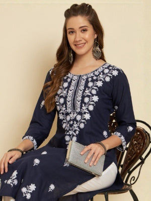 Rajwada Navy Blue Rayon Embroidered Kurti For Women