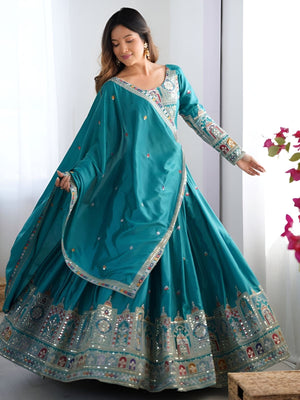 Rajwada Blue Silk Blend Embroidered Semi-Stitched lehenga For Women