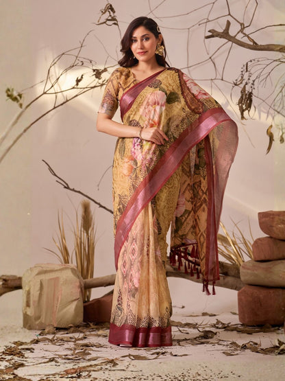 Rajwada Multicolor Linen Cotton Printed Saree For Women