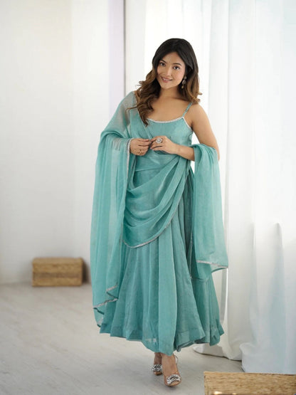 Rajwada Aqua Blue Crunchy Silk Blend Siloski Work Stitched Kurta Set For Women