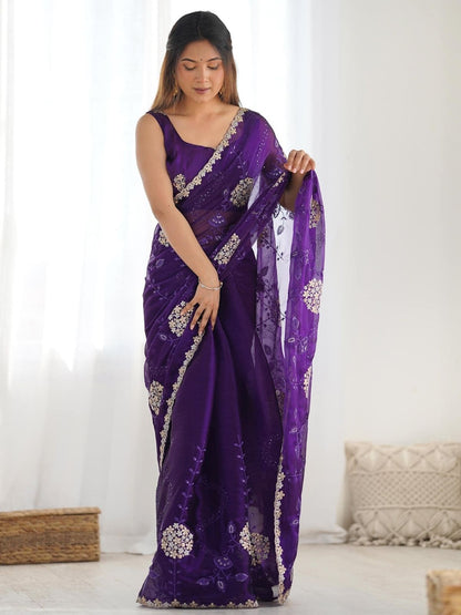 Rajwada Violet Organza Embroidered Solid Saree For Women