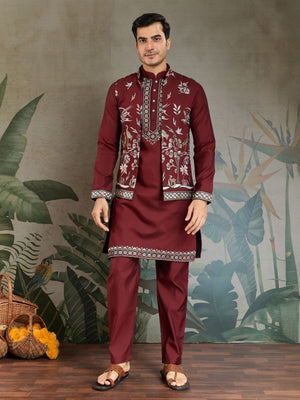 Rajwada Maroon Viscose Silk Embroidered Stitched Kurta Set For Men