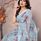 Rajwada Light Blue Satin Printed Saree With Unstitched Blouse For Women