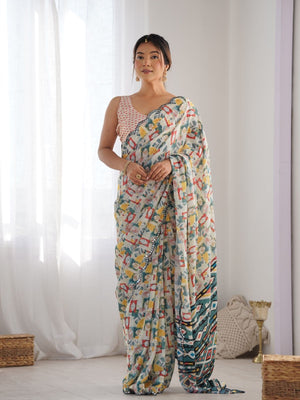 Rajwada Multicolor Chinon Printed Saree With Unstitched Blouse For Women
