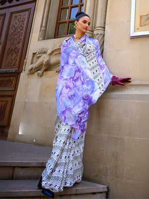 Rajwada White Satin Printed Saree With Unstitched Blouse For Women