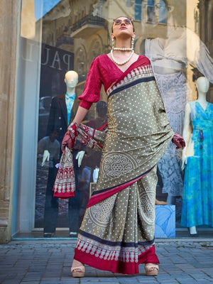 Rajwada Olive Satin Printed Saree With Unstitched Blouse For Women