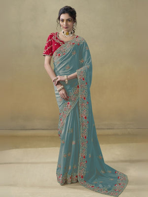 Rajwada Light Blue Georgette Embroidered Elegant Saree For Women