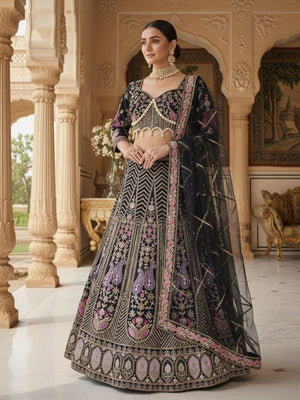 Rajwada Black Silk Blend Embellished Semi Stitched Lehenga For Women