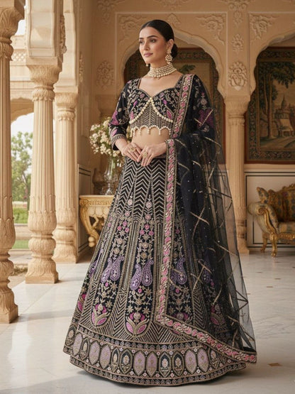 Rajwada Black Silk Blend Embellished Semi Stitched Lehenga For Women