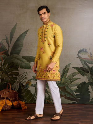 Rajwada Yellow Silk Blend Embroidered Stitched Kurta For Men