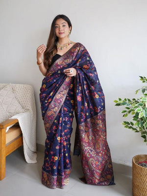 Rajwada Navy Blue Silk Blend Woven Saree For Women