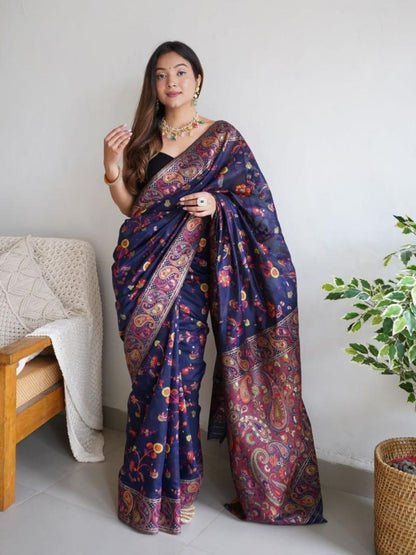Rajwada Navy Blue Silk Blend Woven Saree For Women