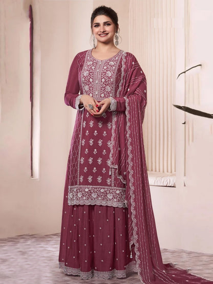Rajwada Mauve Chiffon Embroidered Semi Stitched Kurta Set For Women