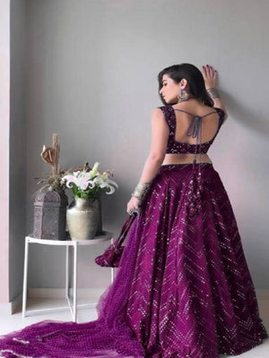 Rajwada Wine Georgette Embellished Semi-Stitched Lehenga For Women