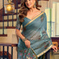 Rajwada Teal Blue Cotton Blend Solid Saree For Women