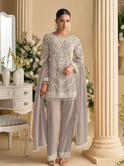 Rajwada Light Grey Georgette Embellished Semi Stitched Kurta Set For Women