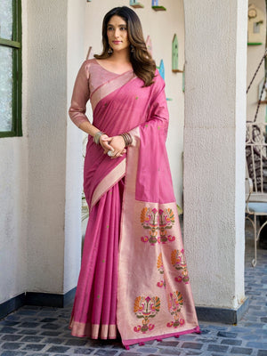 Rajwada Pink Cotton Blend Solid Saree For Women