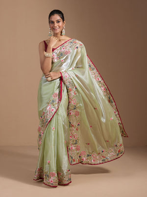 Rajwada Pastel Green Organza Embroidered Solid Saree For Women