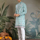Rajwada Sky Blue Viscose Silk Embroidered Stitched Kurta For Men