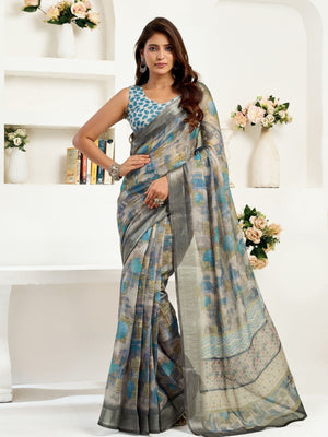Rajwada Grey Cotton Linen Zari Work Saree For Women