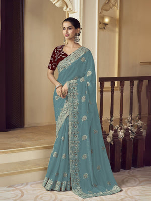 Rajwada Light Teal Georgette Embroidered Elegant Saree For Women