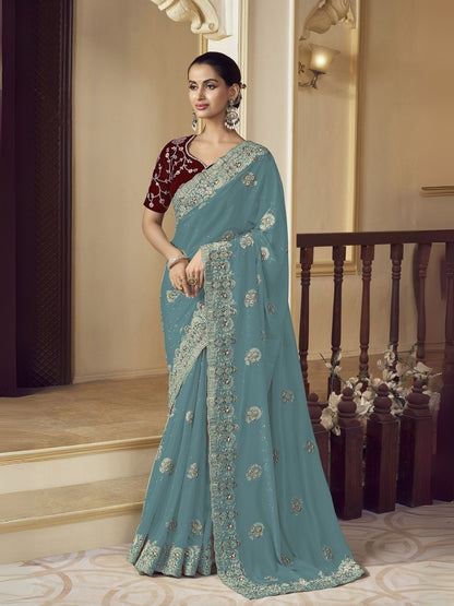 Rajwada Light Teal Georgette Embroidered Elegant Saree For Women