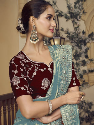 Rajwada Light Teal Georgette Embroidered Elegant Saree For Women