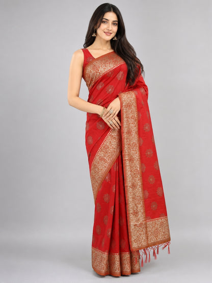Red Silk Blend Solid Saree