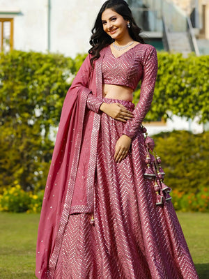 Rajwada Pink Georgette Embellished Semi-Stitched lehenga For Women