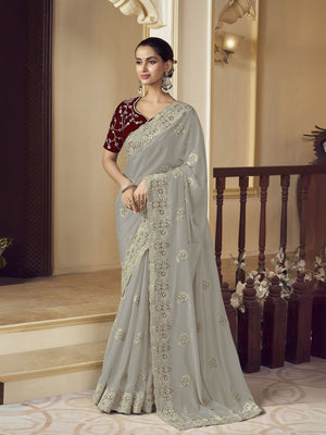 Rajwada Grey Georgette Embroidered Elegant Saree For Women