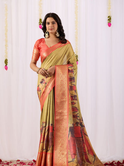 Rajwada Peach Silk Blend Printed Saree For Women