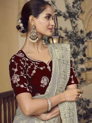 Rajwada Grey Georgette Embroidered Elegant Saree For Women