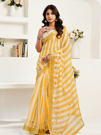 Rajwada Yellow Cotton Linen Zari Work Saree For Women