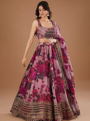 Rajwada Purple Organza Printed Semi-Stitched lehenga For Women