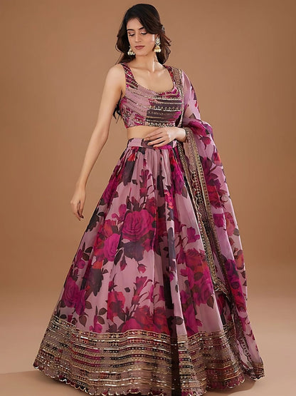 Rajwada Purple Organza Printed Semi-Stitched lehenga For Women