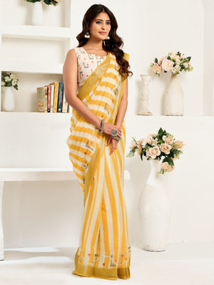 Rajwada Yellow Cotton Linen Zari Work Saree For Women