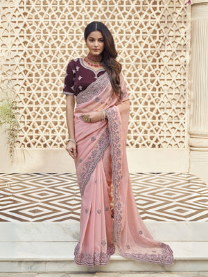 Rajwada Light Pink Georgette Embroidered Elegant Saree For Women